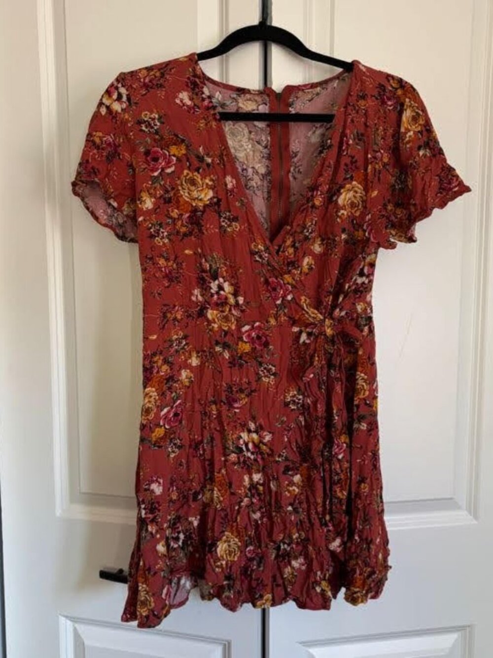 Beautiful burnt orange or rust floral wrap waist dress with back zipper - S